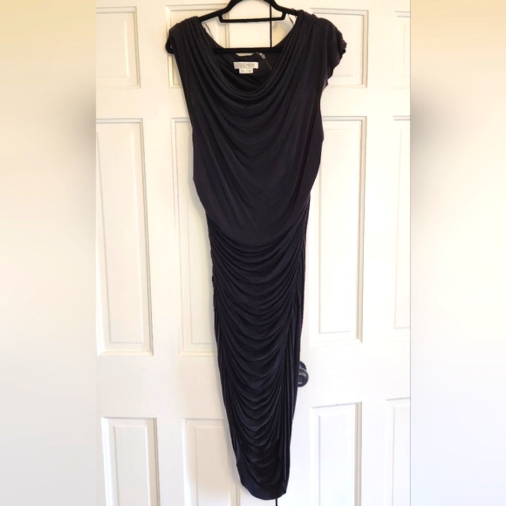 KAY UNGAR • Dark Gray Dress with Rusche & Zipper Detail, Size 14